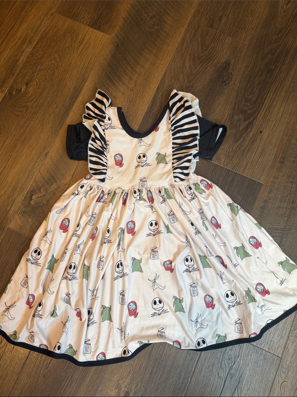 Kids Cream Print Ruffle Dress with Black Trim